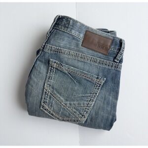 BKE Buckle Mens Carter Bootcut Jean 34x33 Stretch Distressed Cowboy Thick Stitch